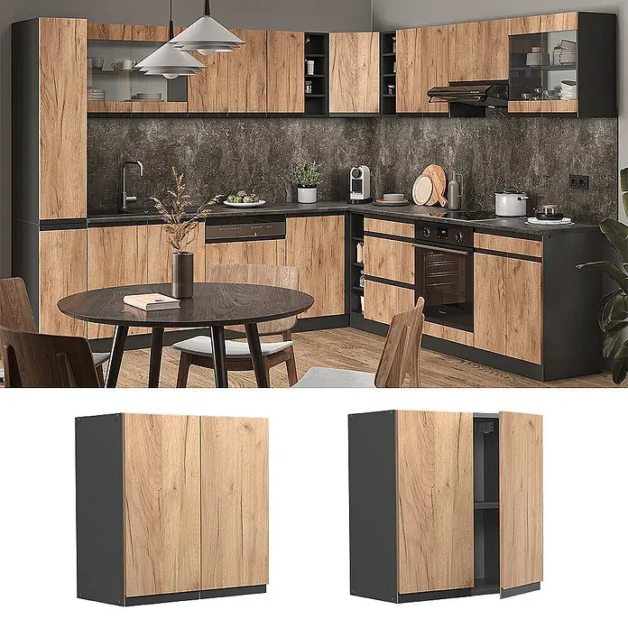 Vicco Hängeschrank R-Line, Goldkraft Eiche, 60 cm -  - Heller Holzdekor Küchenschrank mit zwei Türen und dunkelgrauem Korpus, geschlossen und offen in moderner Küche gezeigt.