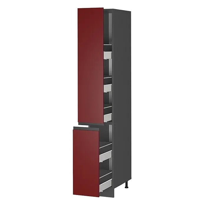 Vicco Apothekerschrank R-Line, Rot, 30 cm -  - Hoher grauer Vorratsschrank mit zwei leicht geöffneten, dunkelroten Türen, der hellgraue Auszüge auf Füßen zeigt.
