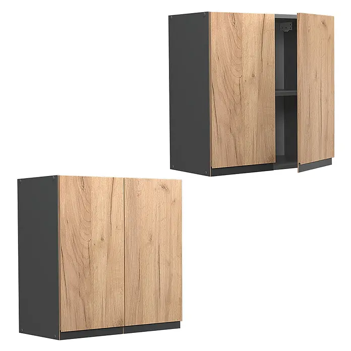 Vicco Hängeschrank R-Line, Goldkraft Eiche, 60 cm -  - Zwei dunkelgraue Schränke mit hellen Holzfronten. Einer ist geschlossen, der andere leicht geöffnet mit einem Einlegeboden.