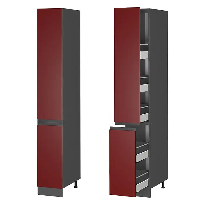 Vicco Apothekerschrank R-Line, Rot, 30 cm -  - Zwei hohe dunkelgraue Küchenschränke mit matten roten Türen, einer geschlossen, einer offen mit ausziehbaren Vorratsschubladen.