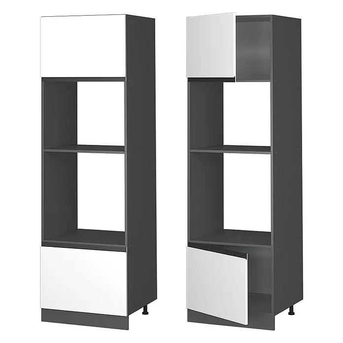 Vicco Schrankküche R-Line Weiß J-Shape - Weiß, Mikrowellenschrank grifflos - Dunkelgraues modulares Regal mit weißen Türen, geschlossen und offen für Stauraum gezeigt.