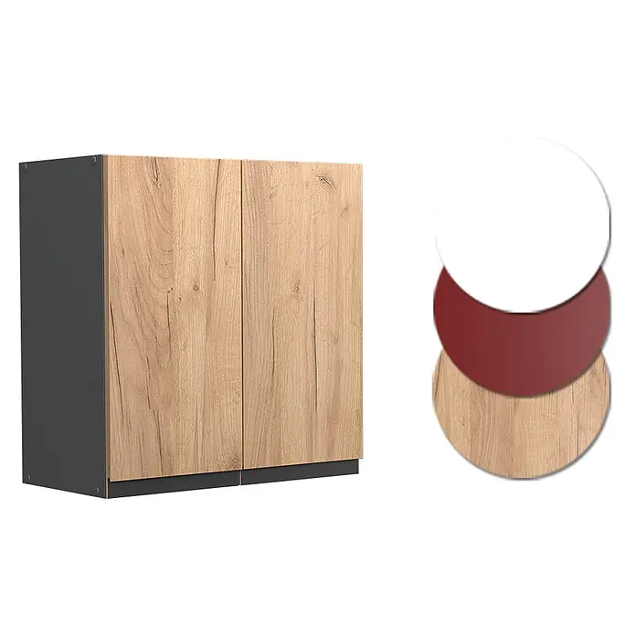 Vicco Hängeschrank R-Line, Goldkraft Eiche, 60 cm -  - Zweitüriger Schrank mit hellen Holzfronten und dunkelgrauem Korpus, dazu Muster in Weiß, Bordeaux und Holz.