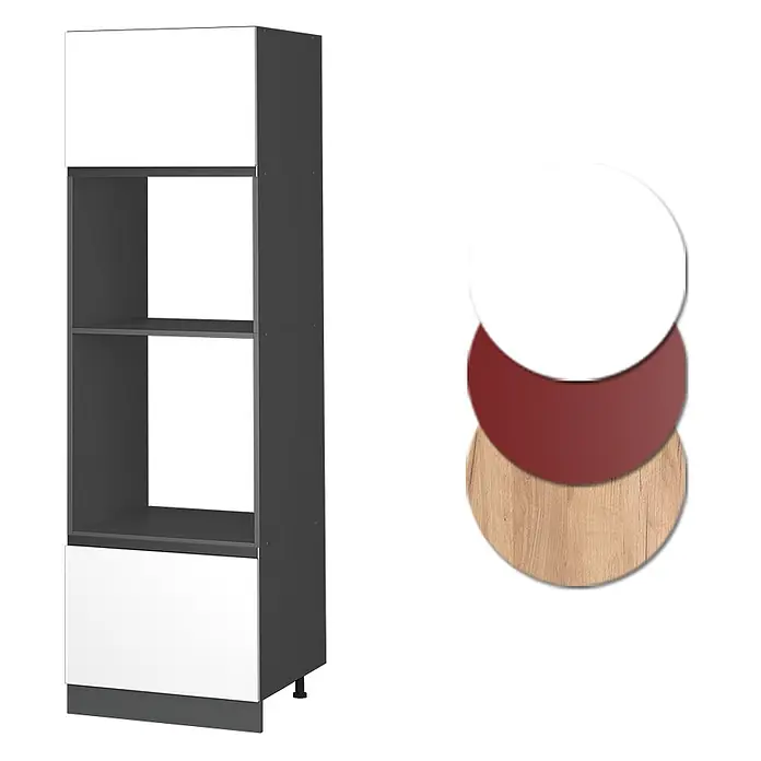 Vicco Schrankküche R-Line Weiß J-Shape - Weiß, Mikrowellenschrank grifflos - Hoher dunkelgrauer Küchenschrank mit weißen Türen und offenen Fächern. Anpassbar mit Holz-, Rot- oder weißen Fronten.
