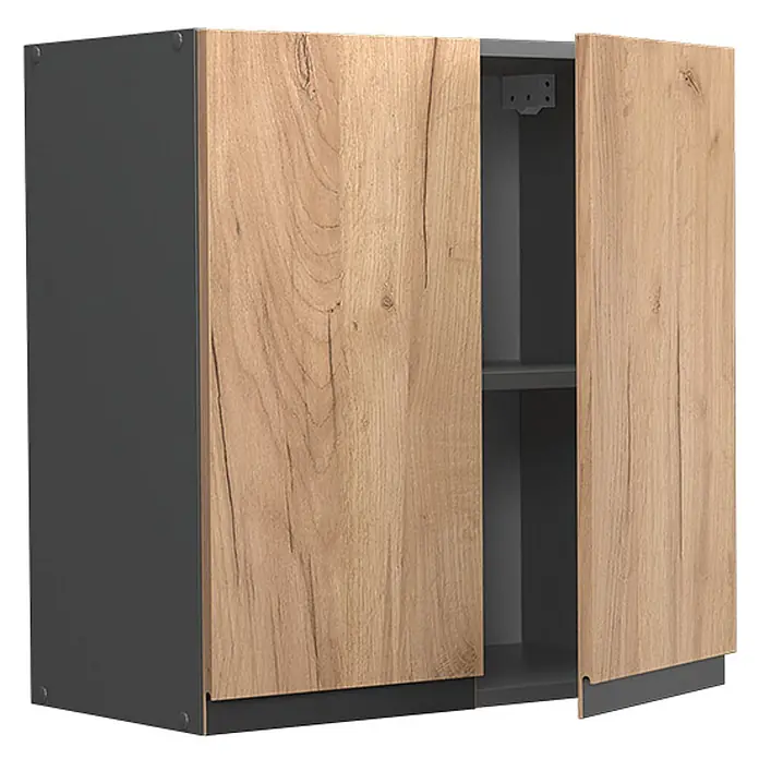 Vicco Hängeschrank R-Line, Goldkraft Eiche, 60 cm -  - Zweitüriger Hängeschrank mit dunkelgrauem Korpus und hellen Holzmaserungstüren; eine Tür ist leicht geöffnet und zeigt ein Innenregal.