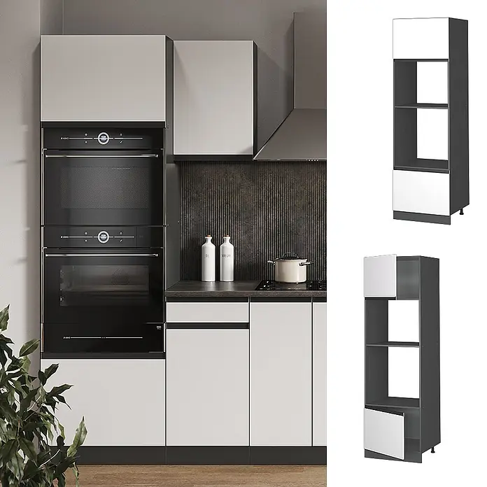 Vicco Schrankküche R-Line Weiß J-Shape - Weiß, Mikrowellenschrank grifflos - Hoher Küchenschrank mit hellgrauen Türen und dunkelgrauem Rahmen, integriert mit Öfen und Regalen.