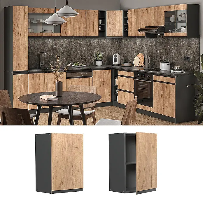 Vicco Schrankküche R-Line Goldkraft Eiche J-Shape - Goldkraft Eiche, Hängeschrank 40 cm grifflos - Moderner Küchenschrank mit hellen Holzfronten und dunkelgrauem Rahmen, in Küche und einzeln dargestellt.