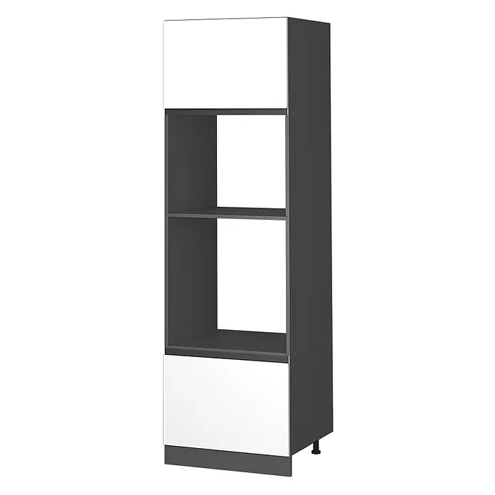 Vicco Schrankküche R-Line Weiß J-Shape - Weiß, Mikrowellenschrank grifflos - Hoher, dunkelgrauer Schrank mit zwei weißen Türen (oben und unten) und zwei offenen Regalfächern in der Mitte, auf verstellbaren Füßen.