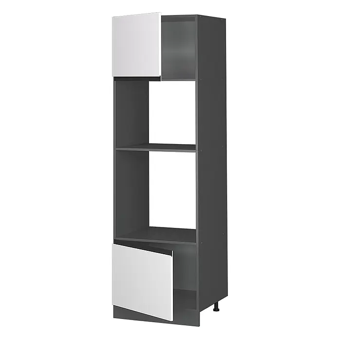 Vicco Schrankküche R-Line Weiß J-Shape - Weiß, Mikrowellenschrank grifflos - Hoher, dunkelgrauer Küchenschrank mit zwei weißen Türen (oben und unten) und offenen Mittelfächern, auf verstellbaren Füßen.