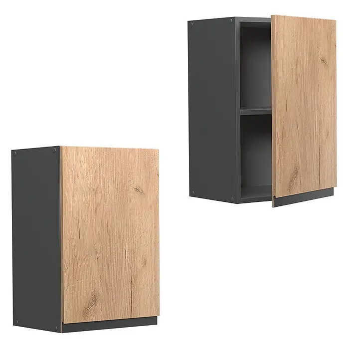 Vicco Schrankküche R-Line Goldkraft Eiche J-Shape - Goldkraft Eiche, Hängeschrank 40 cm grifflos - Zwei dunkelgraue Hängeschränke mit hellen Holzmaserungstüren; einer geschlossen, einer offen mit Regal.