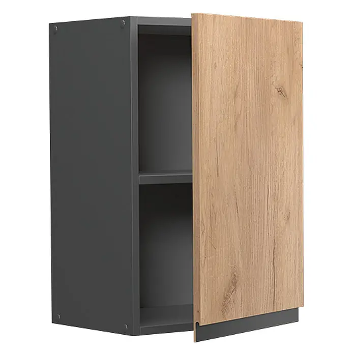 Vicco Schrankküche R-Line Goldkraft Eiche J-Shape - Goldkraft Eiche, Hängeschrank 40 cm grifflos - Dunkelgrauer Wandschrank mit zwei Fächern und teiloffener, heller Holztür mit integriertem dunklen Griff.