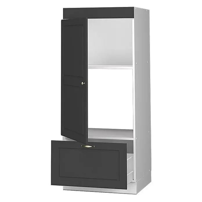 Vicco Schrankküche Fame-Line Anthrazit-Gold Landhaus - Anthrazit-Gold Landhaus, Mikrowellenschrank 60 cm (voll) - Hoher dunkelgrauer Schrank mit offener Tür und Schublade, der helle Innenfächer zeigt.