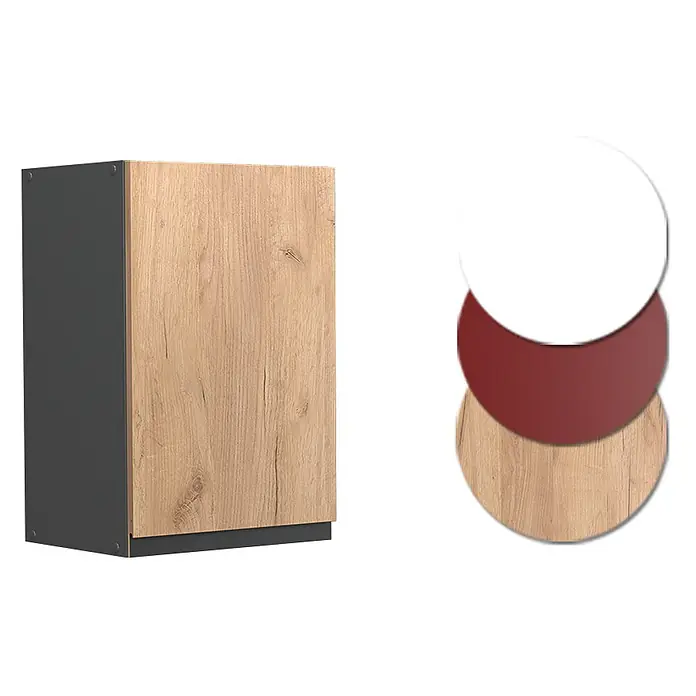 Vicco Schrankküche R-Line Goldkraft Eiche J-Shape - Goldkraft Eiche, Hängeschrank 40 cm grifflos - Küchenschrank in Dunkelgrau und heller Holzoptik, mit Materialmustern in Weiß, Dunkelrot und Holzoptik.