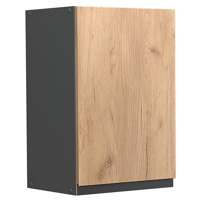 Vicco Schrankküche R-Line Goldkraft Eiche J-Shape - Goldkraft Eiche, Hängeschrank 40 cm grifflos - Küchenschrankmodul mit dunkelgrauem Korpus und heller Holzfront.
