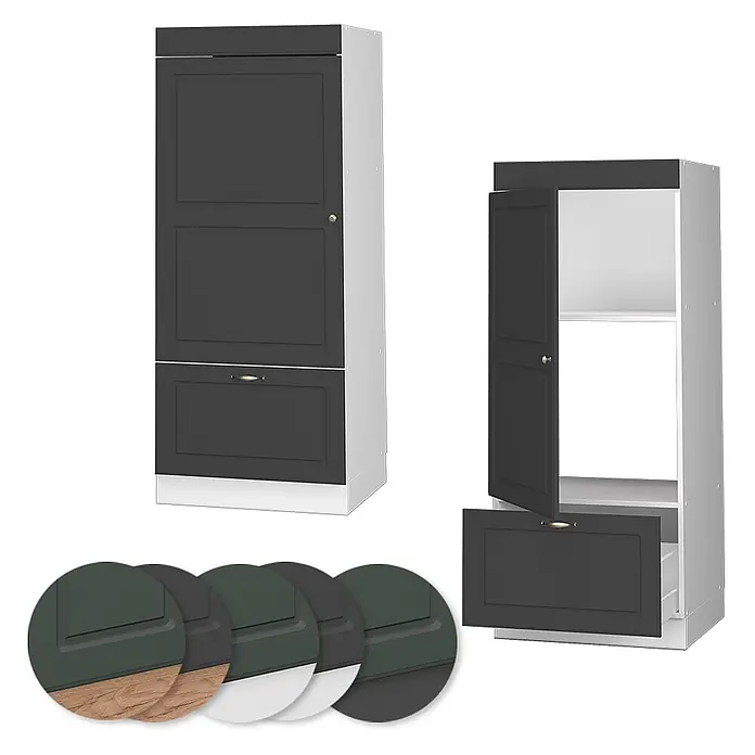 Vicco Schrankküche Fame-Line Anthrazit-Gold Landhaus - Anthrazit-Gold Landhaus, Mikrowellenschrank 60 cm (voll) - Zwei Hochschränke mit anthrazitfarbenen Kassettentüren und weißen Rahmen; einer geschlossen, einer offen mit Einlegeböden und Schublade. Farbmuster.