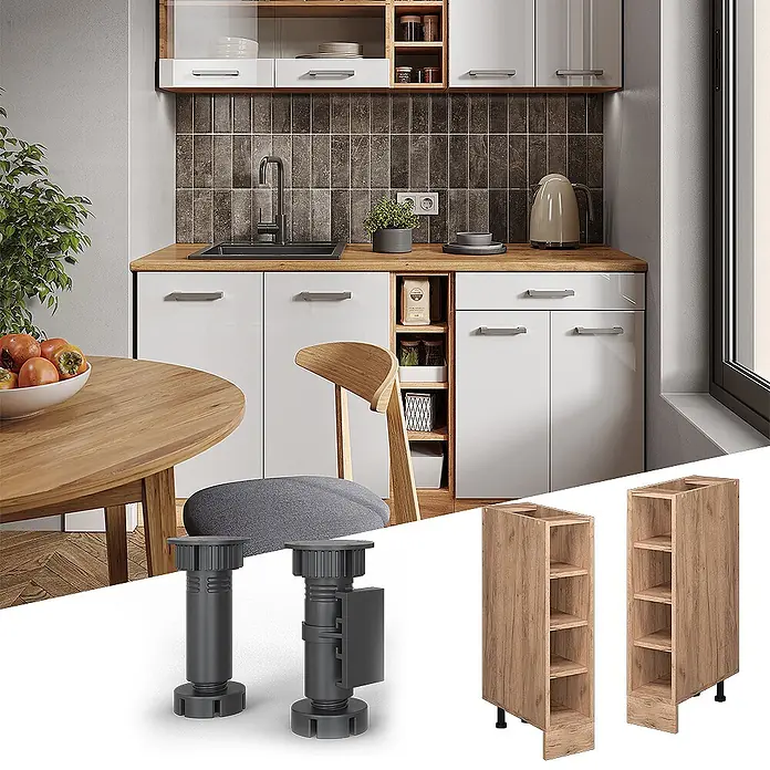Vicco Schrankküche R-Line Goldkraft Eiche ohne Arbeitsplatte - Goldkraft Eiche, Regalunterschrank 20 cm - Moderne Küche mit weißen Schränken und Holztheke. Produktdetails: dunkelgraue verstellbare Möbelfüße und schmale offene Holzregale.