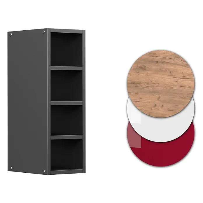 Vicco Schrankküche R-Line Anthrazit - Anthrazit, Regalhängeschrank 20 cm - Anthrazitfarbenes Würfelregal mit 4 Fächern und drei Farb-/Materialmustern: Holz, Weiß und Rot.
