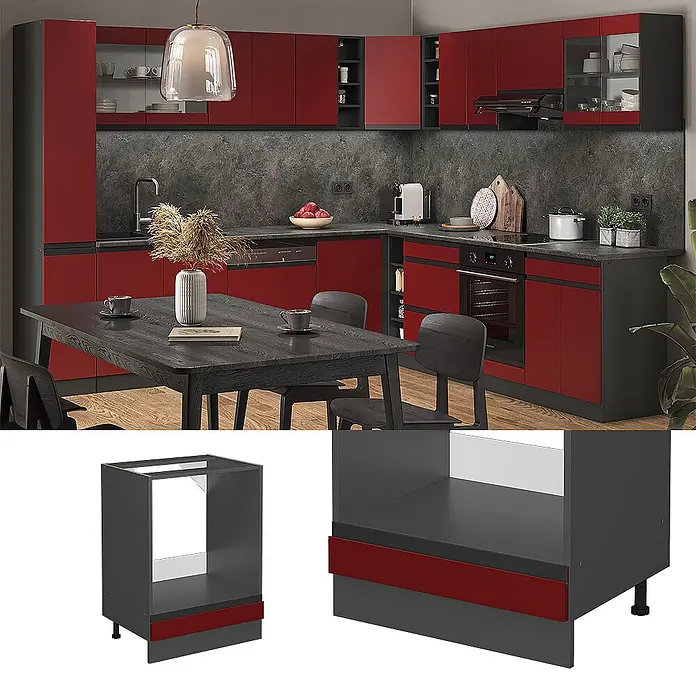Vicco Schrankküche R-Line Rot J-Shape, AP Eiche - Rot, Herdumbauschrank 60 cm grifflos AP Eiche - Moderne Küche mit roten Schranktüren und dunkelgrauen Rahmen und Arbeitsplatten.