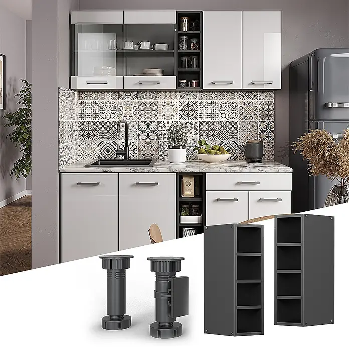 Vicco Schrankküche R-Line Anthrazit - Anthrazit, Regalhängeschrank 20 cm - Dunkelgraue verstellbare Kunststoffbeine und offene Regalelemente für Küchenschränke vor einer modernen Küche.