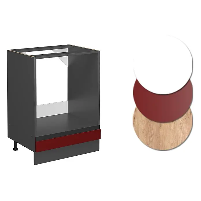 Vicco Schrankküche R-Line Rot J-Shape, ohne Arbeitsplatte - Rot, Herdumbauschrank 60 cm grifflos - Dunkelgrauer Küchenunterschrank mit rotem Akzentstreifen und Farbmustern (weiß, rot, Holz).