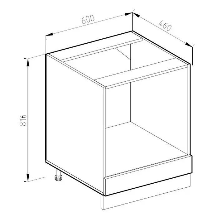 Vicco Schrankküche R-Line Rot J-Shape, AP Eiche - Rot, Herdumbauschrank 60 cm grifflos AP Eiche - Linienzeichnung eines modularen Unterschrankrahmens mit Maßen: 600 Breite, 460 Tiefe, 816 Höhe.