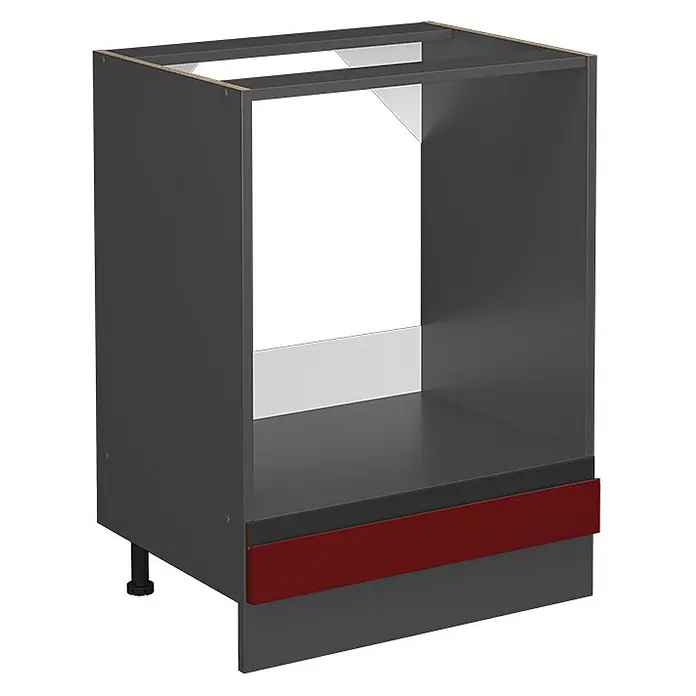 Vicco Schrankküche R-Line Rot J-Shape, ohne Arbeitsplatte - Rot, Herdumbauschrank 60 cm grifflos - Dunkelgrauer Küchenunterschrank für Geräte mit roter Zierleiste und verstellbaren Füßen.