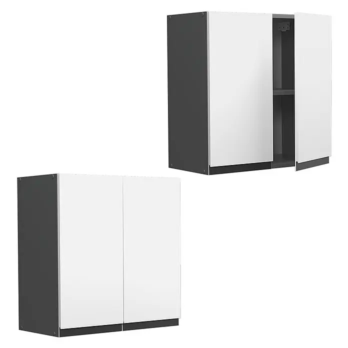 Vicco Schrankküche R-Line Weiß J-Shape - Weiß, Hängeschrank 60 cm grifflos - Zwei dunkelgraue Wandschränke mit weißen Türen; einer geschlossen, der andere offen mit einem Regal.