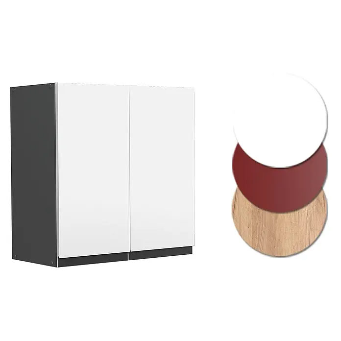 Vicco Schrankküche R-Line Weiß J-Shape - Weiß, Hängeschrank 60 cm grifflos - Weißer zweitüriger Schrank mit dunkelgrauen Seiten und Sockel, gezeigt mit Farbmustern: weiß, dunkelrot und helle Holzmaserung.