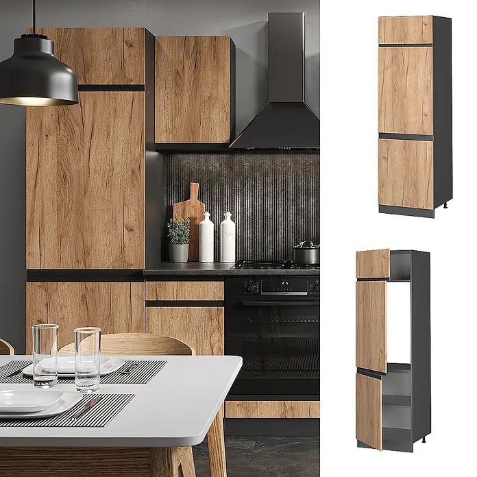 Vicco Schrankküche R-Line Goldkraft Eiche J-Shape - Goldkraft Eiche, Kühlumbauschrank grifflos - Modulküche mit Holzdekorfronten & schwarzen Akzenten, zeigt Hochschrank mit Gerätenische und Stauraum.