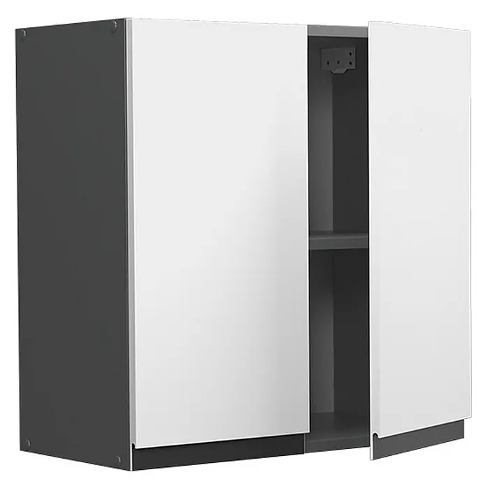 Vicco Schrankküche R-Line Weiß J-Shape - Weiß, Hängeschrank 60 cm grifflos - Zweitüriger Wandschrank mit grauem Korpus und weißen Türen, eine Tür leicht geöffnet, um ein Innenregal zu zeigen.