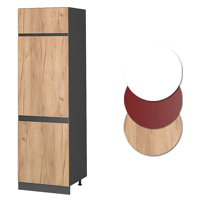 Vicco Schrankküche R-Line Goldkraft Eiche J-Shape - Goldkraft Eiche, Kühlumbauschrank grifflos - Hoher Küchenschrank mit Holzoptik-Türen und dunkelgrauem Korpus, abgebildet mit weißen, weinroten und Holzoptik-Farbmustern.