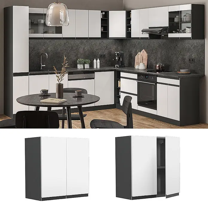 Vicco Schrankküche R-Line Weiß J-Shape - Weiß, Hängeschrank 60 cm grifflos - Modulares Küchensystem mit weißen und dunkelgrauen Schränken. Inklusive zweitürigem Wandschrank mit Regalen.