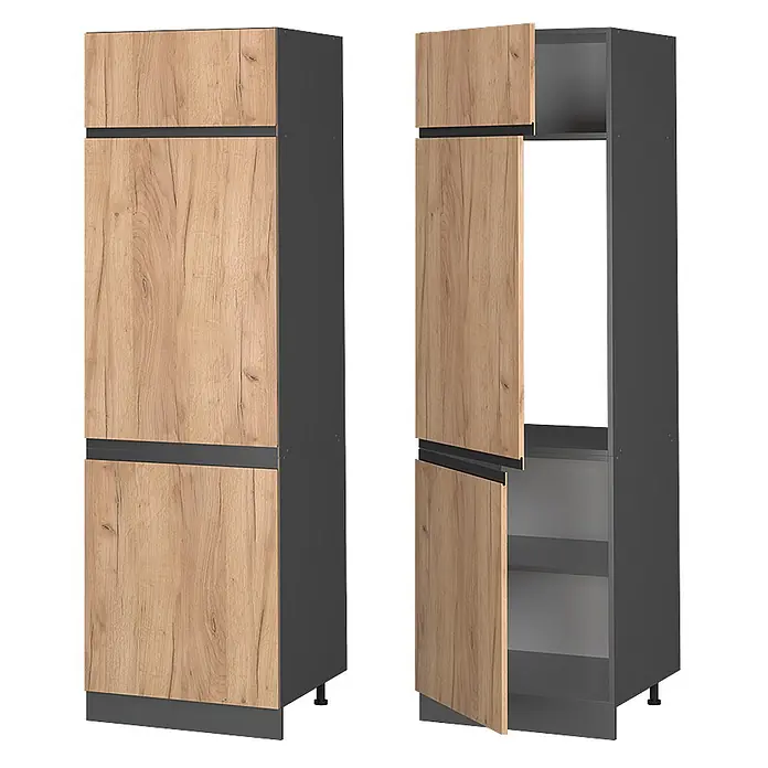 Vicco Schrankküche R-Line Goldkraft Eiche J-Shape - Goldkraft Eiche, Kühlumbauschrank grifflos - Hoher Küchenschrank: dunkelgrauer Korpus, hellbraune Holzmaserungstüren. Geschlossen und mit offenen Türen und Gerätenische gezeigt.
