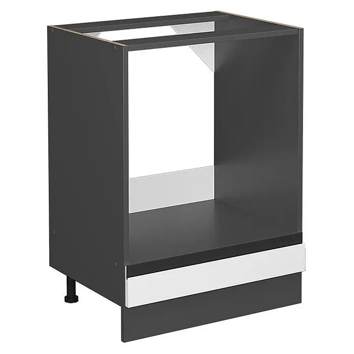 Vicco Herdumbauschrank R-Line, Weiß, 60 cm -  - Dunkelgrauer Küchenunterschrank-Korpus mit weißem Innenboden und Schubladenfront, für Einbaugeräte.