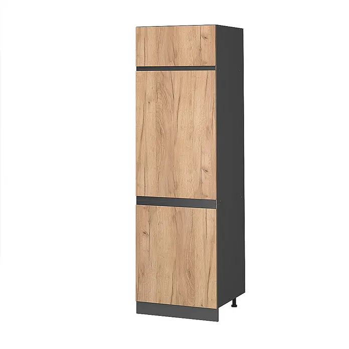 Vicco Schrankküche R-Line Goldkraft Eiche J-Shape - Goldkraft Eiche, Kühlumbauschrank grifflos - Hoher Hochschrank mit dunkelgrauem Rahmen und drei hellen Holzeffekt-Türen.