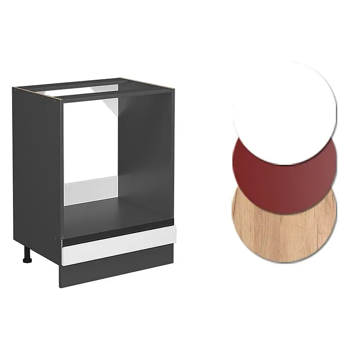 Vicco Herdumbauschrank R-Line, Weiß, 60 cm -  - Dunkelgrauer Küchenunterschrankrahmen für Gerät, weiße Unterblende und Materialmuster: Weiß, Bordeaux, Holzmaserung.