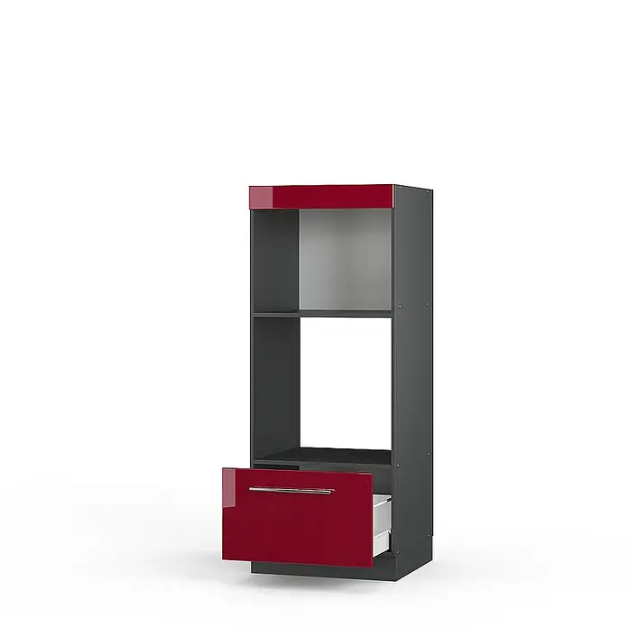 Vicco Schrankküche Fame-Line Bordeaux Hochglanz offen - Bordeaux Hochglanz, Mikrowellenumbauschrank 60 cm (offen) - Hoher dunkelgrauer Schrank mit roter Hochglanz-Oberplatte und offener roter Hochglanz-Schublade mit silbernem Griff, bietet offene Ablagen.