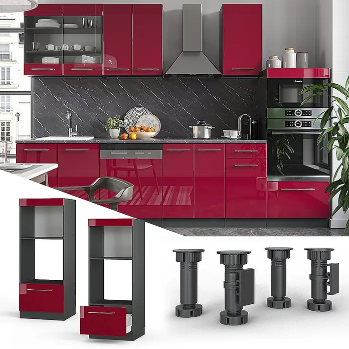 Vicco Schrankküche Fame-Line Bordeaux Hochglanz offen - Bordeaux Hochglanz, Mikrowellenumbauschrank 60 cm (offen) - Moderne Küche mit glänzenden roten Schränken, dunkler Granitrückwand, Edelstahlgeräten, modularen Einheiten und verstellbaren Füßen.