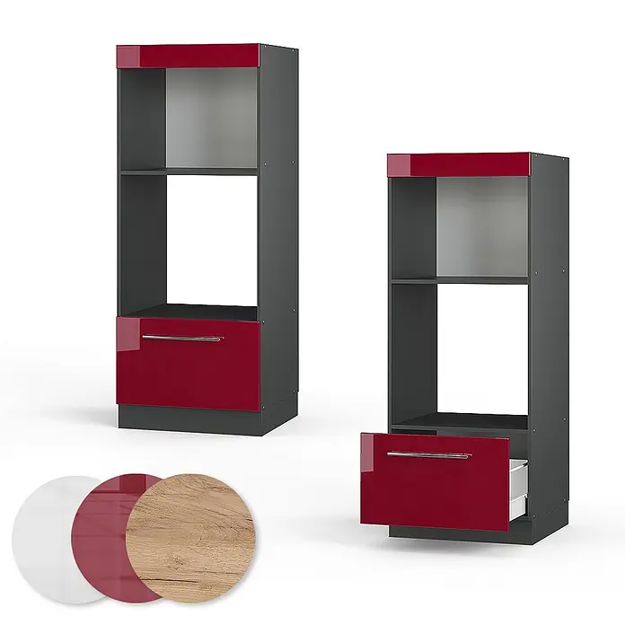 Vicco Schrankküche Fame-Line Bordeaux Hochglanz offen - Bordeaux Hochglanz, Mikrowellenumbauschrank 60 cm (offen) - Dunkelgrauer Hochschrank mit hochglänzenden roten Türen und offenen Fächern, Schublade geöffnet, erhältlich in Weiß und Holzoptik.