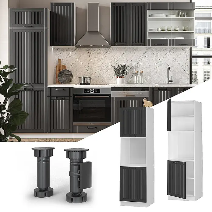 Vicco Schrankküche Fame-Line Anthrazit Landhaus offen - Anthrazit Landhaus, Herdumbauschrank hoch 60 cm - Modulare dunkelgraue Küchenschränke mit vertikalen Lamellen, als Küche und Einzelmodule mit verstellbaren Füßen dargestellt.