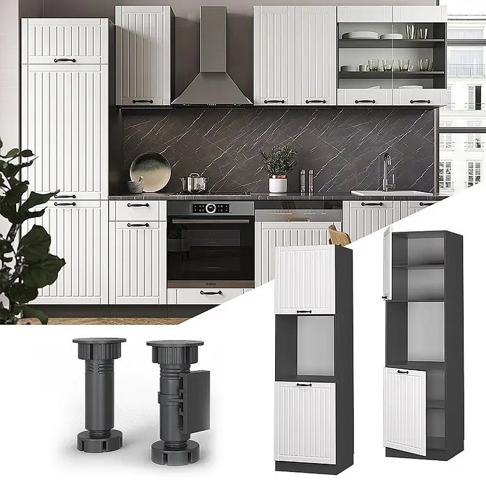 Vicco Schrankküche Fame-Line Weiß Landhaus offen - Weiß Landhaus, Herdumbauschrank hoch 60 cm offen - Moderne weiße gerillte Küchenschränke mit schwarzen Griffen und dunkler Arbeitsplatte, inklusive Geräten. Verstellbare Füße und ein Hochschrank sind auch abgebildet.