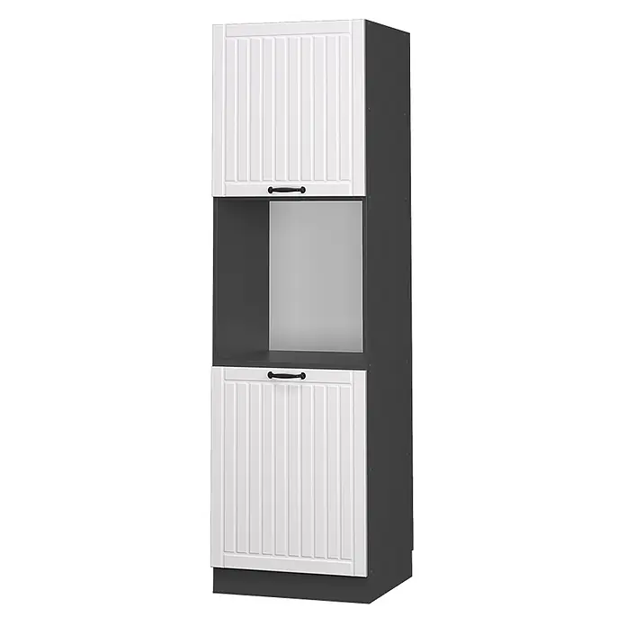 Vicco Schrankküche Fame-Line Weiß Landhaus offen - Weiß Landhaus, Herdumbauschrank hoch 60 cm offen - Hoher Küchenschrank mit weißen Paneeltüren, dunkelgrauem Korpus, schwarzen Griffen und Nische für Einbaugerät.