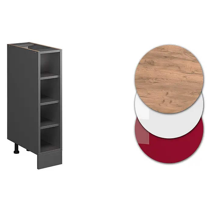 Vicco Schrankküche R-Line Anthrazit ohne Arbeitsplatte - Anthrazit, Regalunterschrank 20 cm - Schmaler dunkelgrauer Küchenunterschrank mit offenen Regalen, dazu Holz-, Weiß- und Rot-Materialmuster.