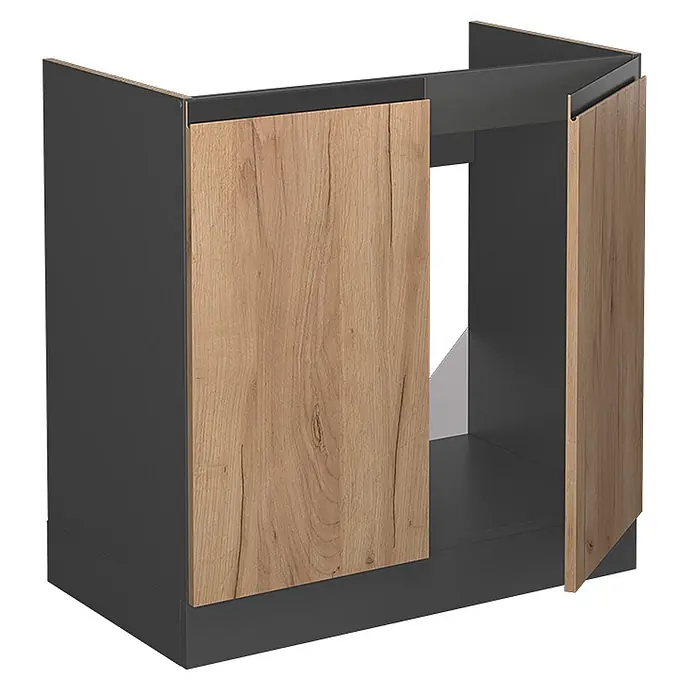 Vicco Schrankküche R-Line Goldkraft Eiche J-Shape AP Marmor - Goldkraft Eiche, Spülenunterschrank 80 cm grifflos, AP Marmor - Dunkelgrauer Küchenunterschrank mit zwei hellen Holzmaserungstüren, eine teilweise offen.