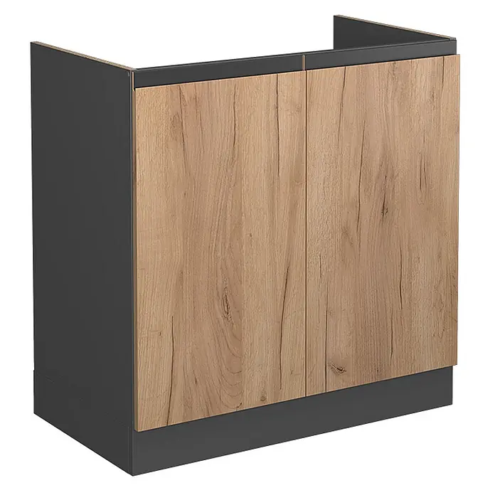 Vicco Schrankküche R-Line Goldkraft Eiche J-Shape, ohne Arbeitsplatte - Goldkraft Eiche, Spülenunterschrank 80 cm grifflos - Zweitüriger Küchenunterschrank mit heller Holzoptikfront und dunkelgrauem Korpus und Sockel.