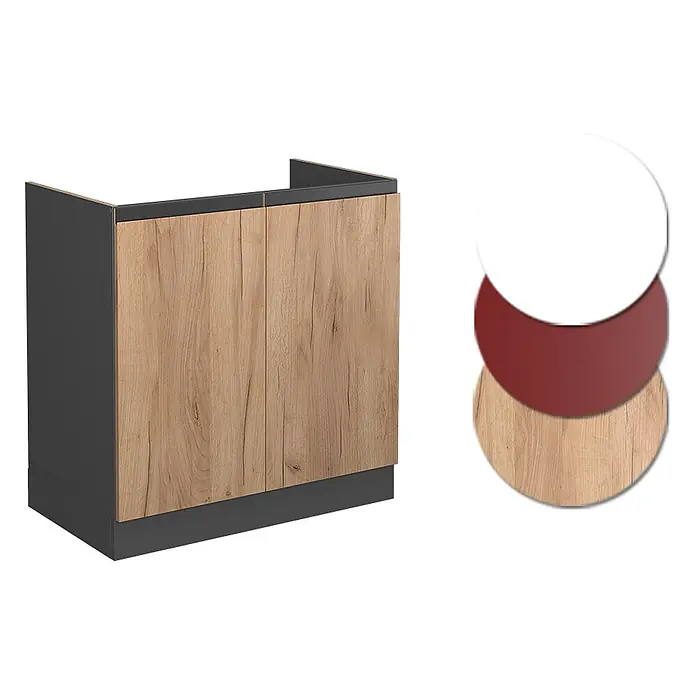 Vicco Schrankküche R-Line Goldkraft Eiche J-Shape AP Marmor - Goldkraft Eiche, Spülenunterschrank 80 cm grifflos, AP Marmor - Unterschrank mit dunkelgrauem Korpus und hellen Holzfronten, dazu Farboptionen.