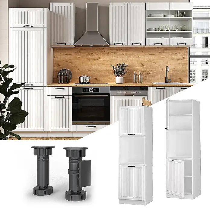 Vicco Schrankküche Fame-Line Weiß Landhaus offen - Weiß Landhaus, Herdumbauschrank hoch 60 cm - Weiße Küchenschränke mit geriffelten Türen und schwarzen Griffen, verstellbaren Stützfüßen und einem hohen Hochschrank, in einer modernen Küche.