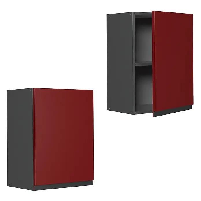 Vicco Schrankküche R-Line Rot J-Shape - Rot, Hängeschrank 45 cm grifflos - Zwei dunkelgraue Hängeschränke mit roten Türen; einer geschlossen, einer offen mit Regalböden.