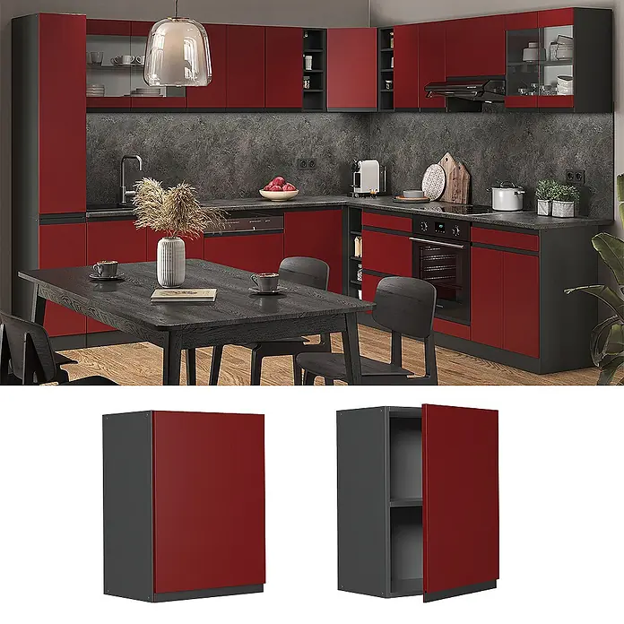 Vicco Schrankküche R-Line Rot J-Shape - Rot, Hängeschrank 45 cm grifflos - Rote und dunkelgraue moderne Küchenschränke, installiert und als einzelne offene/geschlossene Einheiten gezeigt.