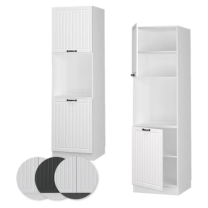 Vicco Schrankküche Fame-Line Weiß Landhaus offen - Weiß Landhaus, Herdumbauschrank hoch 60 cm - Weißer Hochschrank für die Küche mit Lamellentüren, offenem Gerätefach und Regalböden.