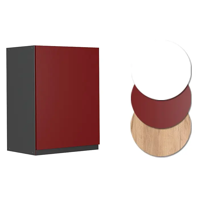 Vicco Schrankküche R-Line Rot J-Shape - Rot, Hängeschrank 45 cm grifflos - Dunkelgrauer Küchenschrank mit roter Tür, daneben weiße, rote und Holzmaserung-Materialmuster.